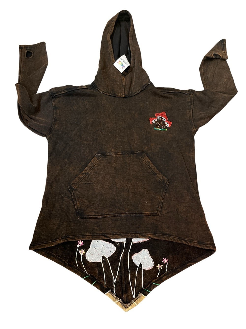 Jayli Acid Washed Brown Hooded Fleece Pullover with Mushroom Embroidery NWT